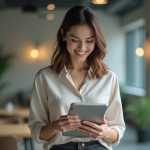 Femme souriante utilisant une tablette dans un bureau moderne