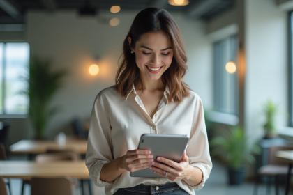 Femme souriante utilisant une tablette dans un bureau moderne