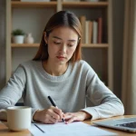 Jeune femme concentrée remplissant un test de QI imprimé à son bureau à domicile