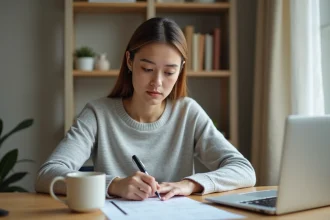 Jeune femme concentrée remplissant un test de QI imprimé à son bureau à domicile