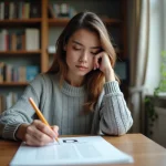 Femme concentrée en train de compléter un test de QI imprimé à son bureau à domicile