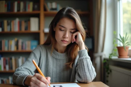 Femme concentrée en train de compléter un test de QI imprimé à son bureau à domicile