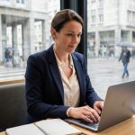Femme déterminée travaillant au café à Le Havre
