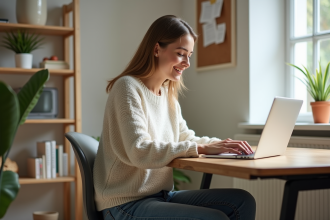 Jeune femme travaillant à domicile sur son ordinateur