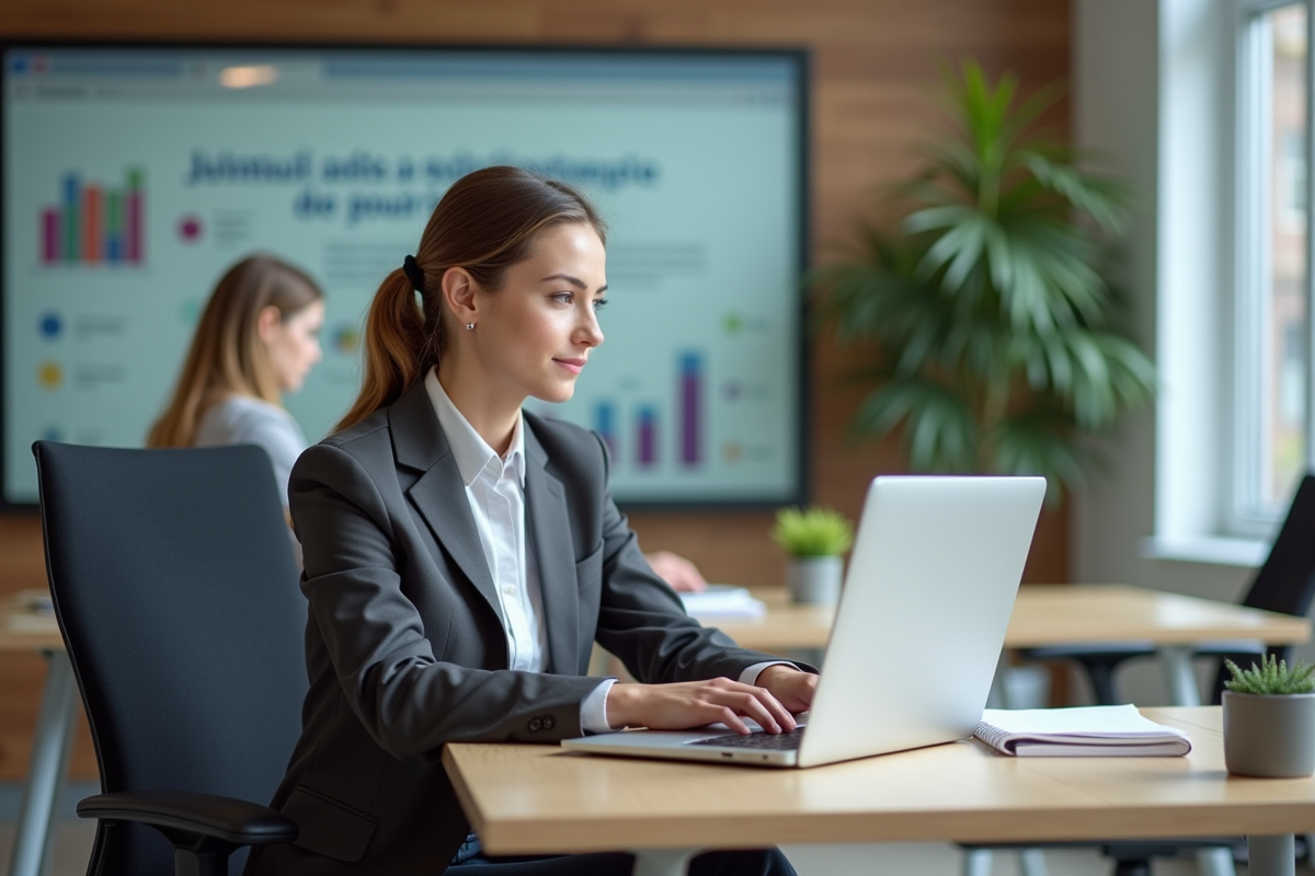 Jeune femme concentrée sur son ordinateur dans un espace de travail moderne