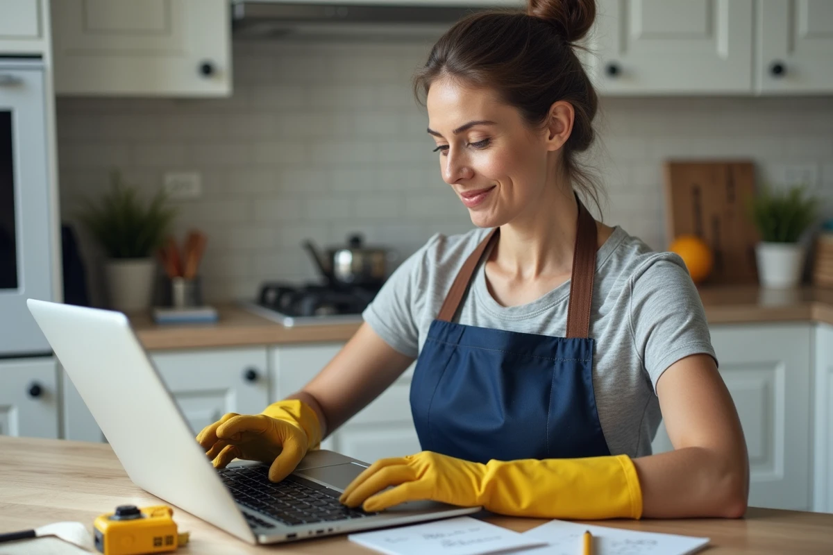 Femme consultant un tutoriel YouTube de bricolage sur ordinateur portable pour apprendre la pose de carrelage à la maison