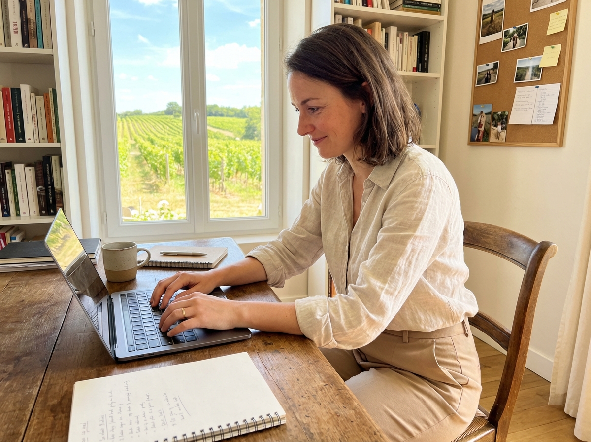 Femme travaillant dans un bureau avec vue sur vignoble