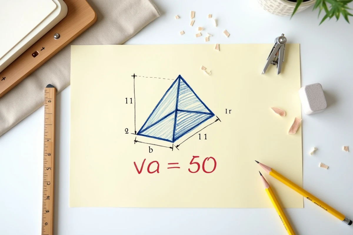Fiche mémo manuscrite vue de dessus avec schéma annoté d'une pyramide à base triangulaire et la formule de volume en rouge
