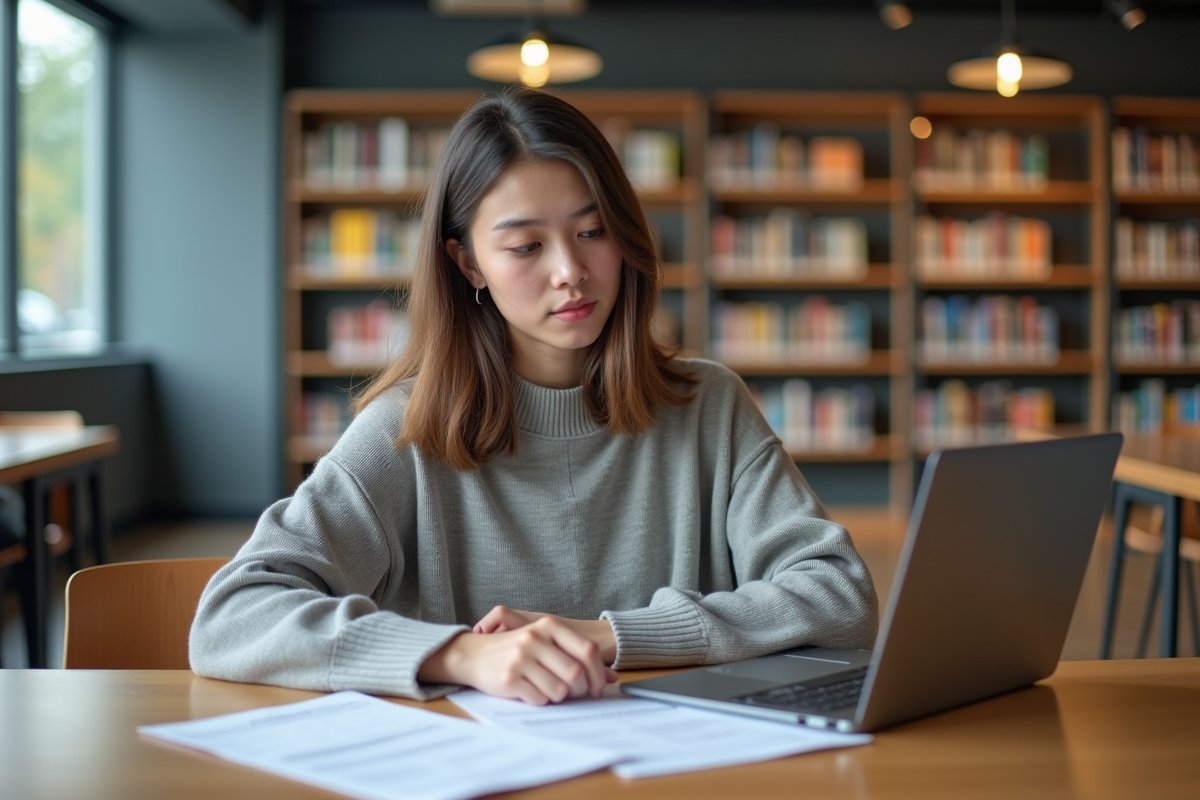 Jeune femme étudiant dans une bibliothèque moderne