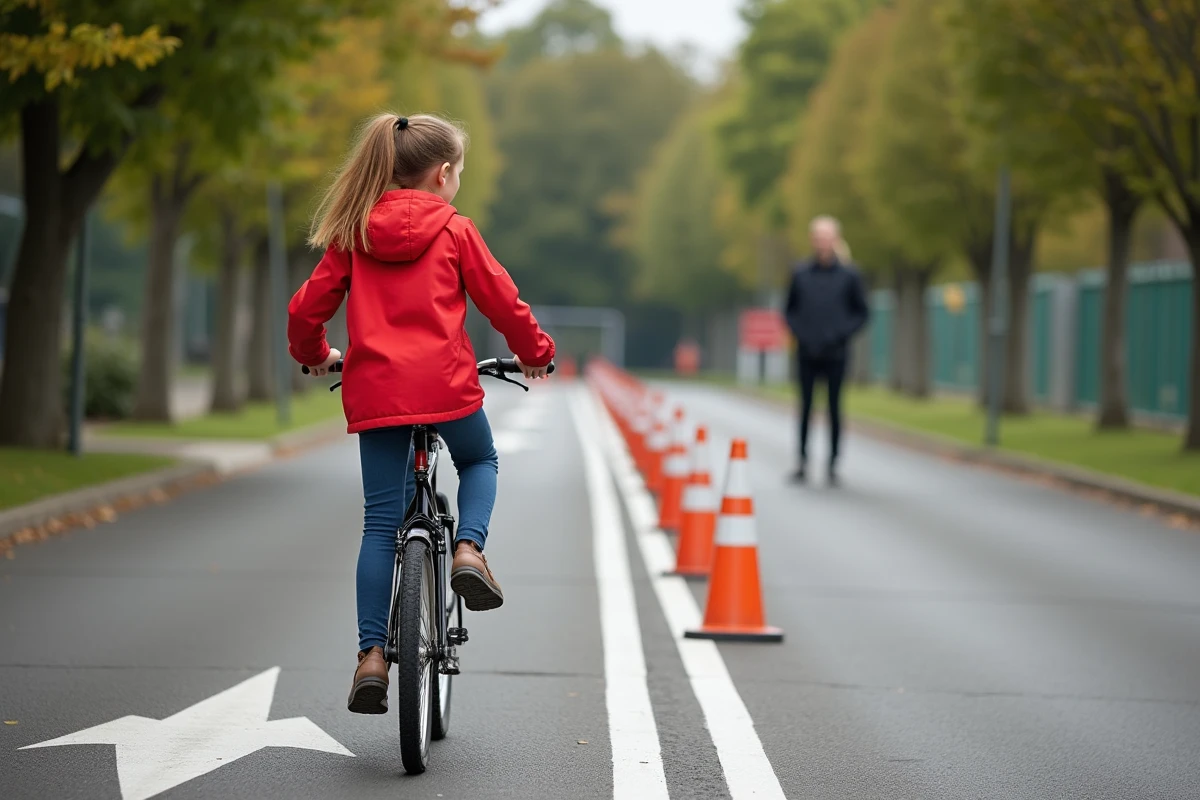 Fille en veste rouge pratique la sécurité routière en extérieur