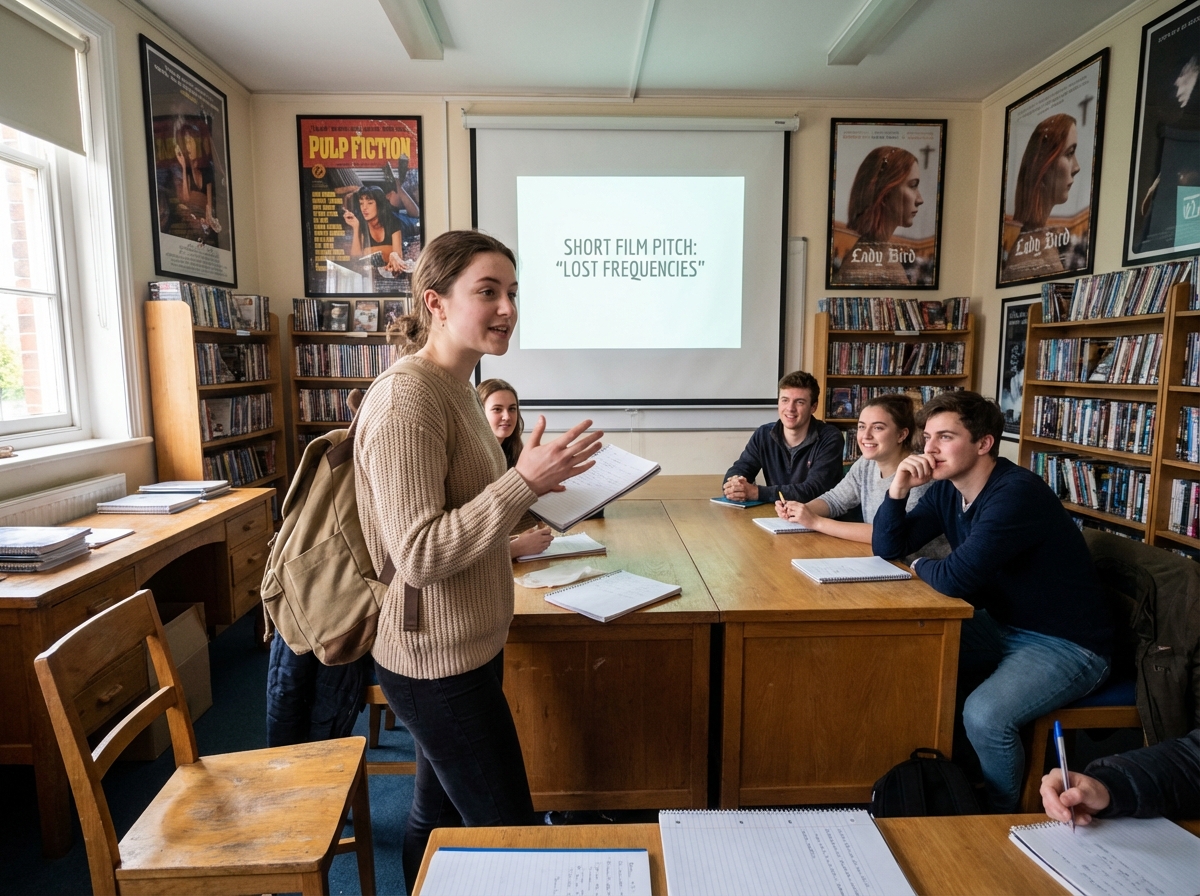 Jeune femme présentant un projet de film en classe