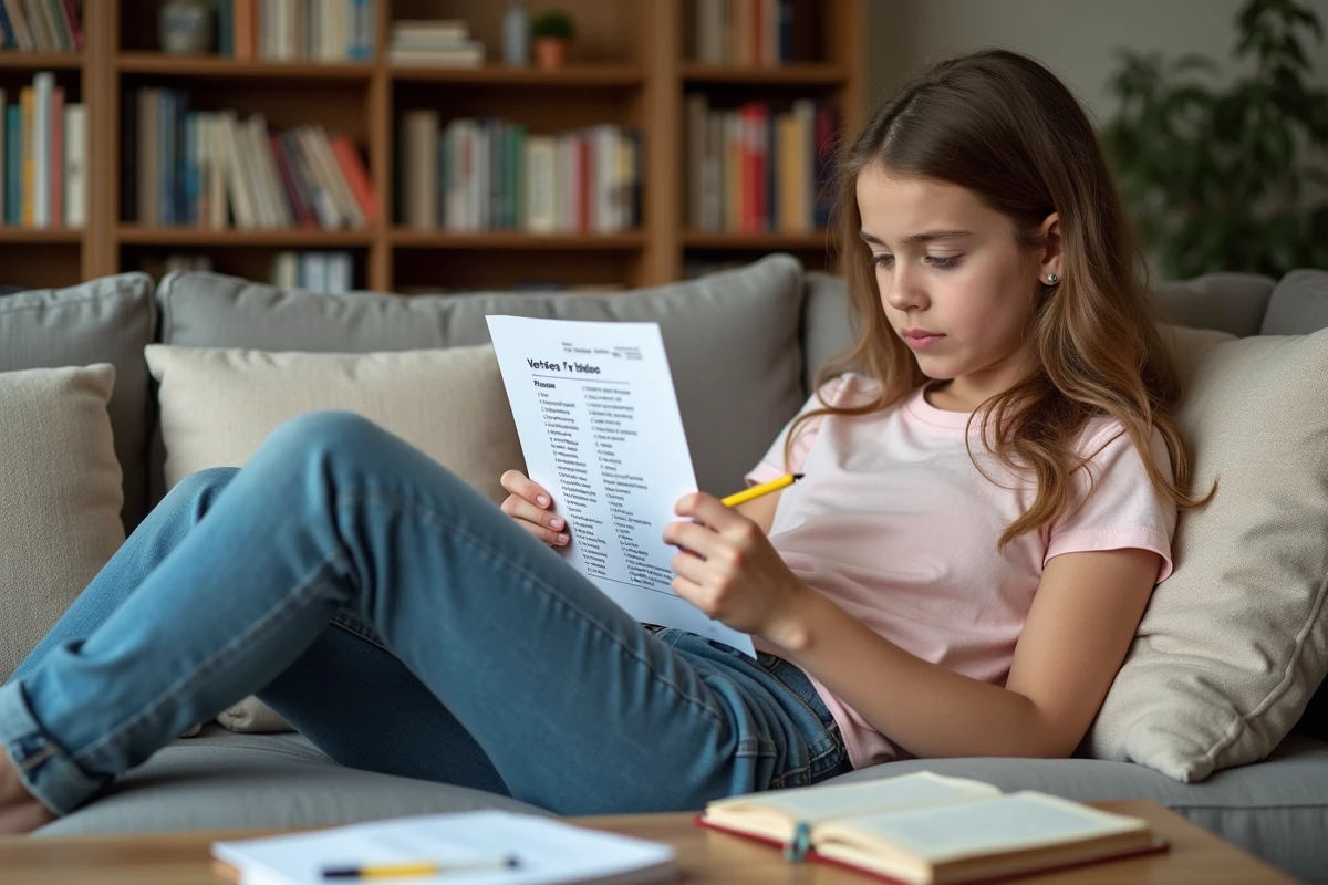 Fille de 14 ans relisant une fiche de verbes français