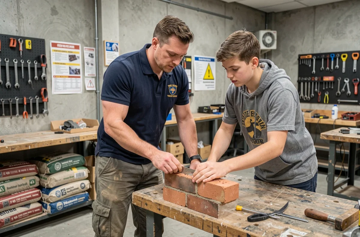 Formateur BTP encadrant un apprenti maçon dans un atelier de formation professionnelle du bâtiment