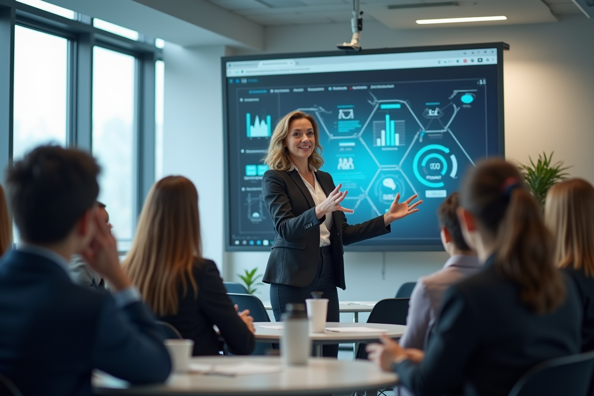 Formateur utilisant un écran tactile en formation moderne
