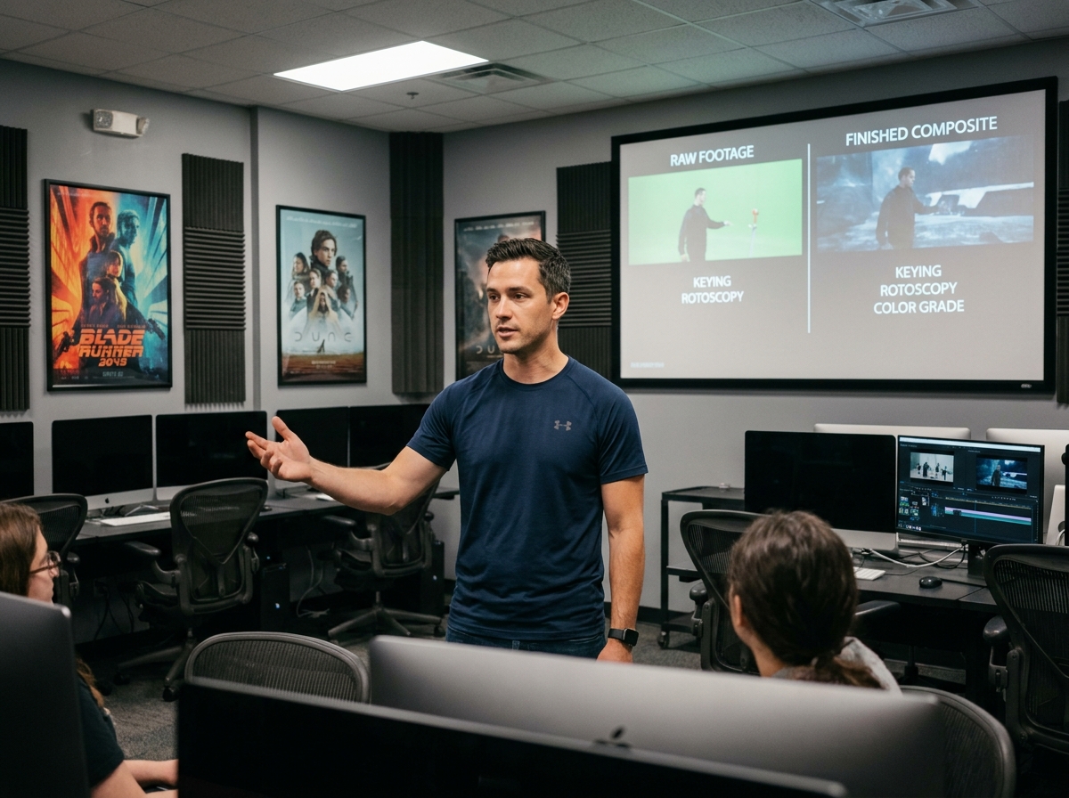 Formateur en effets visuels expliquant des techniques de compositing cinématographique dans une salle de cours d'école de cinéma