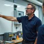 Formateur en électrotechnique expliquant un schéma de câblage à des étudiants devant un tableau pédagogique Habilec 7
