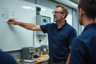 Formateur en électrotechnique expliquant un schéma de câblage à des étudiants devant un tableau pédagogique Habilec 7