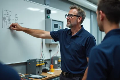 Formateur en électrotechnique expliquant un schéma de câblage à des étudiants devant un tableau pédagogique Habilec 7