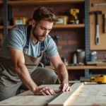 Homme débutant en bricolage mesurant une planche de bois dans un atelier maison organisé, formation CPF académie du bricolage