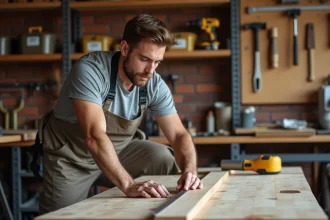 Homme débutant en bricolage mesurant une planche de bois dans un atelier maison organisé, formation CPF académie du bricolage