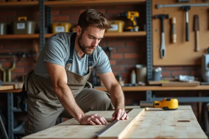 Homme débutant en bricolage mesurant une planche de bois dans un atelier maison organisé, formation CPF académie du bricolage