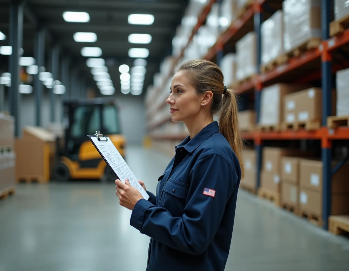 Femme adulte en formation CACES 3 consultant une fiche technique dans un entrepôt logistique avec chariot rétractable