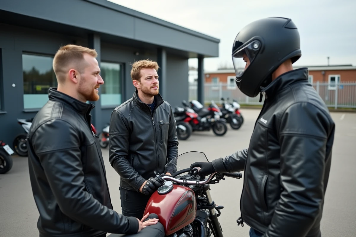 Groupe de motards en formation pratique du code de la route avec un moniteur d'auto-école devant des panneaux de signalisation