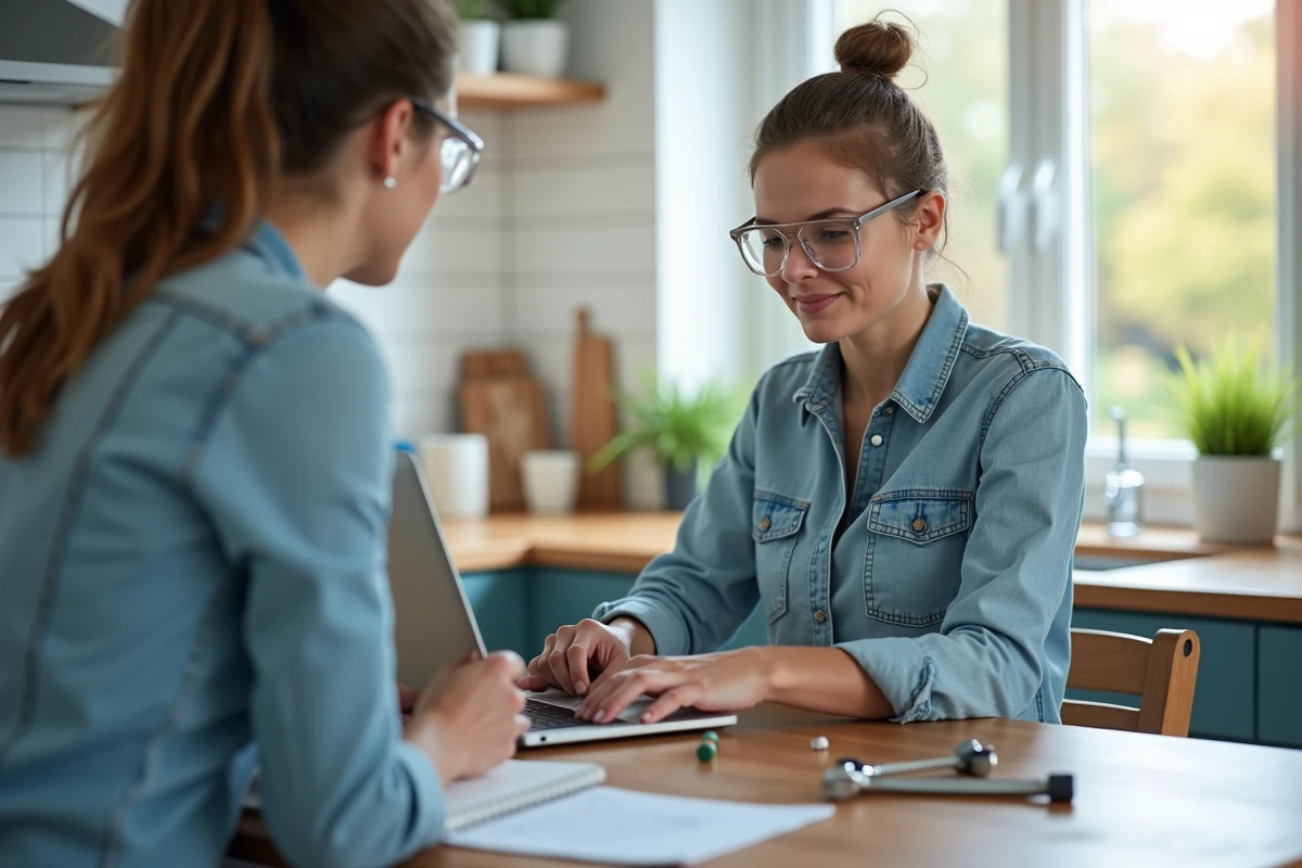 Femme suivant une formation bricolage en ligne éligible CPF depuis chez elle avec outils de plomberie et ordinateur portable