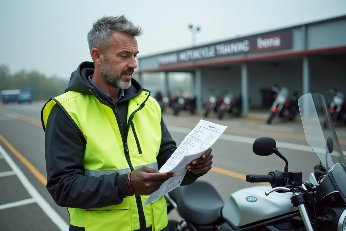 Adulte en formation reprise permis moto consultant un document de code de la route sur terrain d'entraînement
