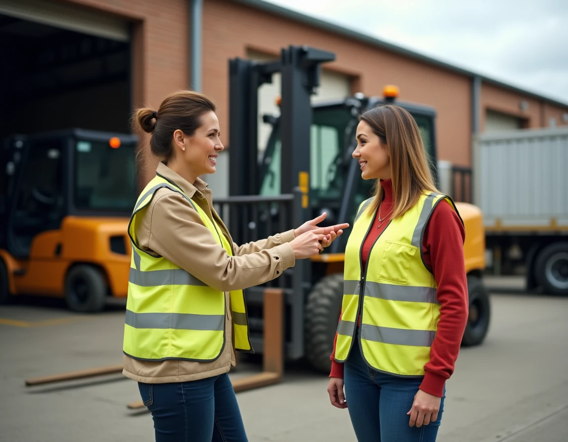Formatrice expliquant les consignes de sécurité CACES à une femme en reconversion professionnelle dans la logistique sur un quai de chargement