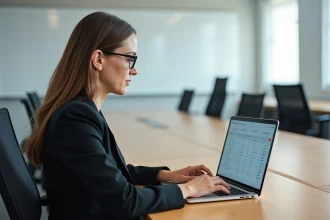 Formatrice consultant le logiciel NetYParéo Tulle sur ordinateur portable pour le suivi des présences de ses groupes d'apprenants