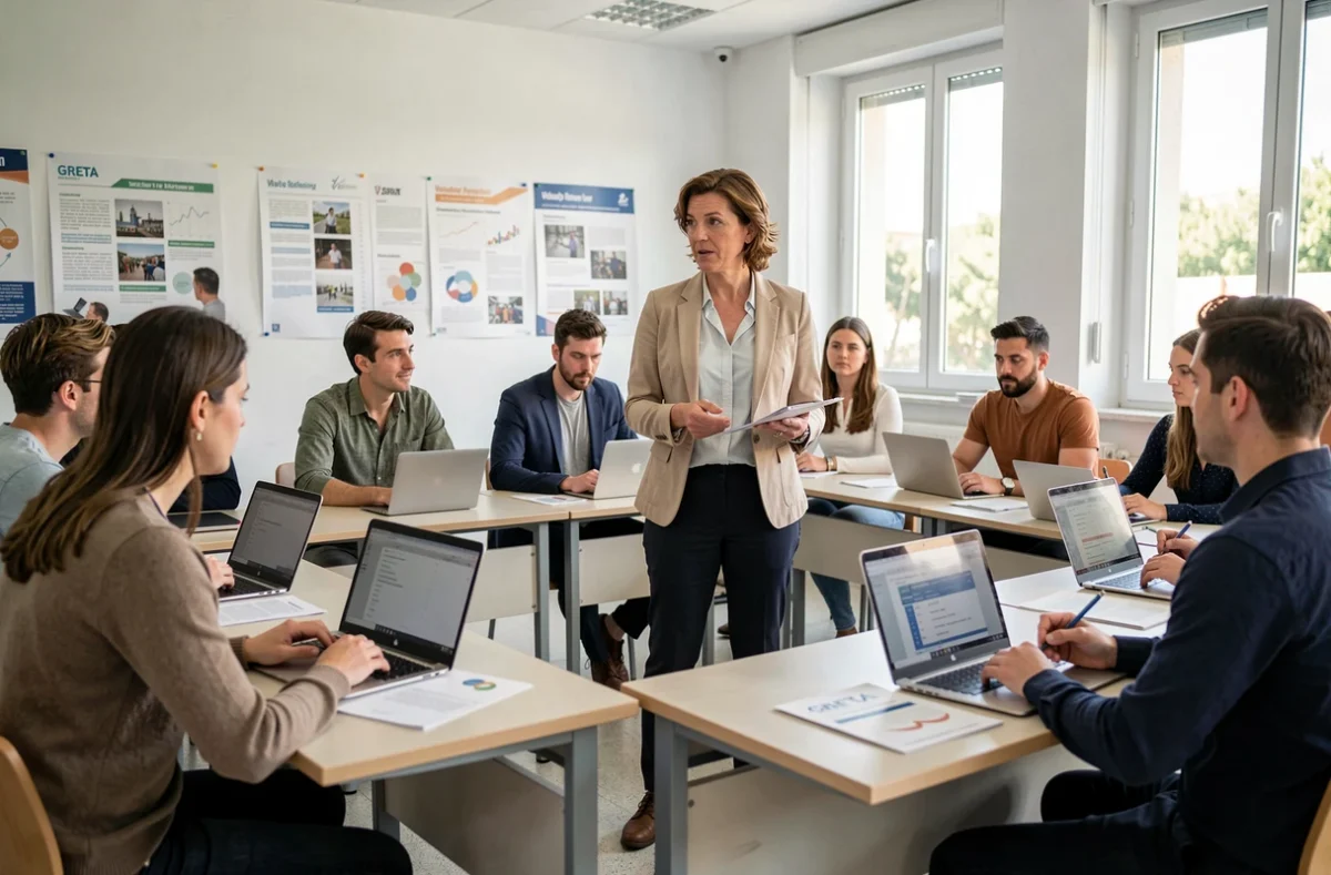 Formatrice animant un atelier de formation professionnelle dans une salle de cours