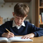 Garçon français de 12 ans écrit des verbes dans un cahier