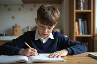 Garçon français de 12 ans écrit des verbes dans un cahier