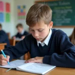 Garçon de 13 ans en classe avec liste de verbes français