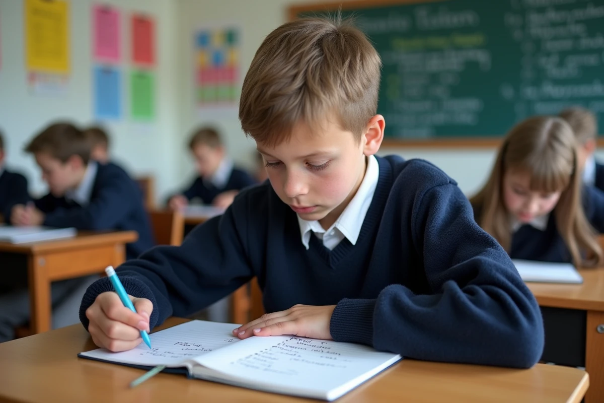 Garçon de 13 ans en classe avec liste de verbes français