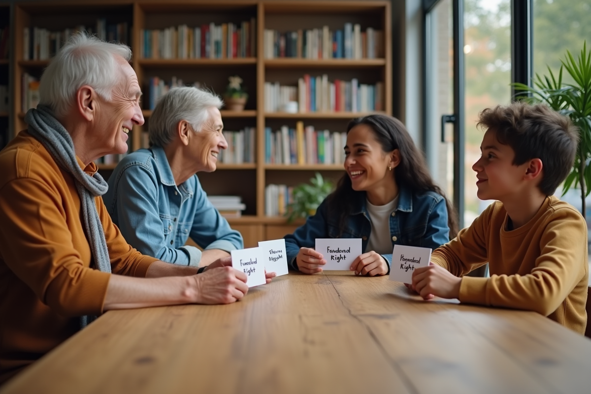 Groupe diversifié discutant autour de la table avec cartes de droits