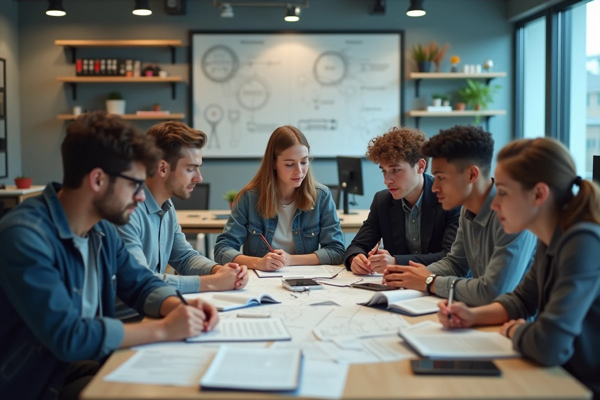 Groupe d'étudiants en classe moderne discutant autour d'une table