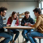 Groupe d'étudiants en design collaborant en classe moderne