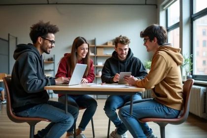 Groupe d'étudiants en design collaborant en classe moderne