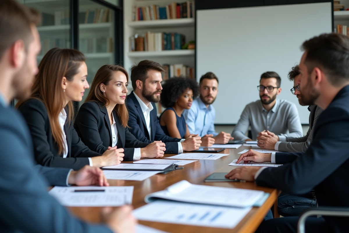 Groupe d étudiants en finance discutant autour d une table