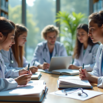 Groupe d'étudiants en médecine en bibliothèque lumineuse