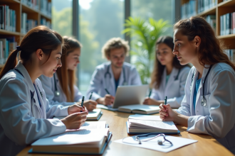 Groupe d'étudiants en médecine en bibliothèque lumineuse