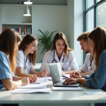 Groupe d'étudiants en médecine dans une bibliothèque lumineuse