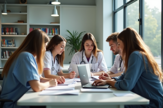 Groupe d'étudiants en médecine dans une bibliothèque lumineuse