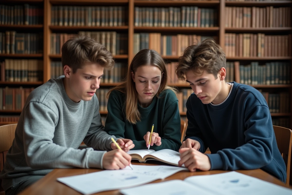 Groupe d'étudiants en prépa BCPST travaillant ensemble dans une bibliothèque universitaire avec des manuels scientifiques