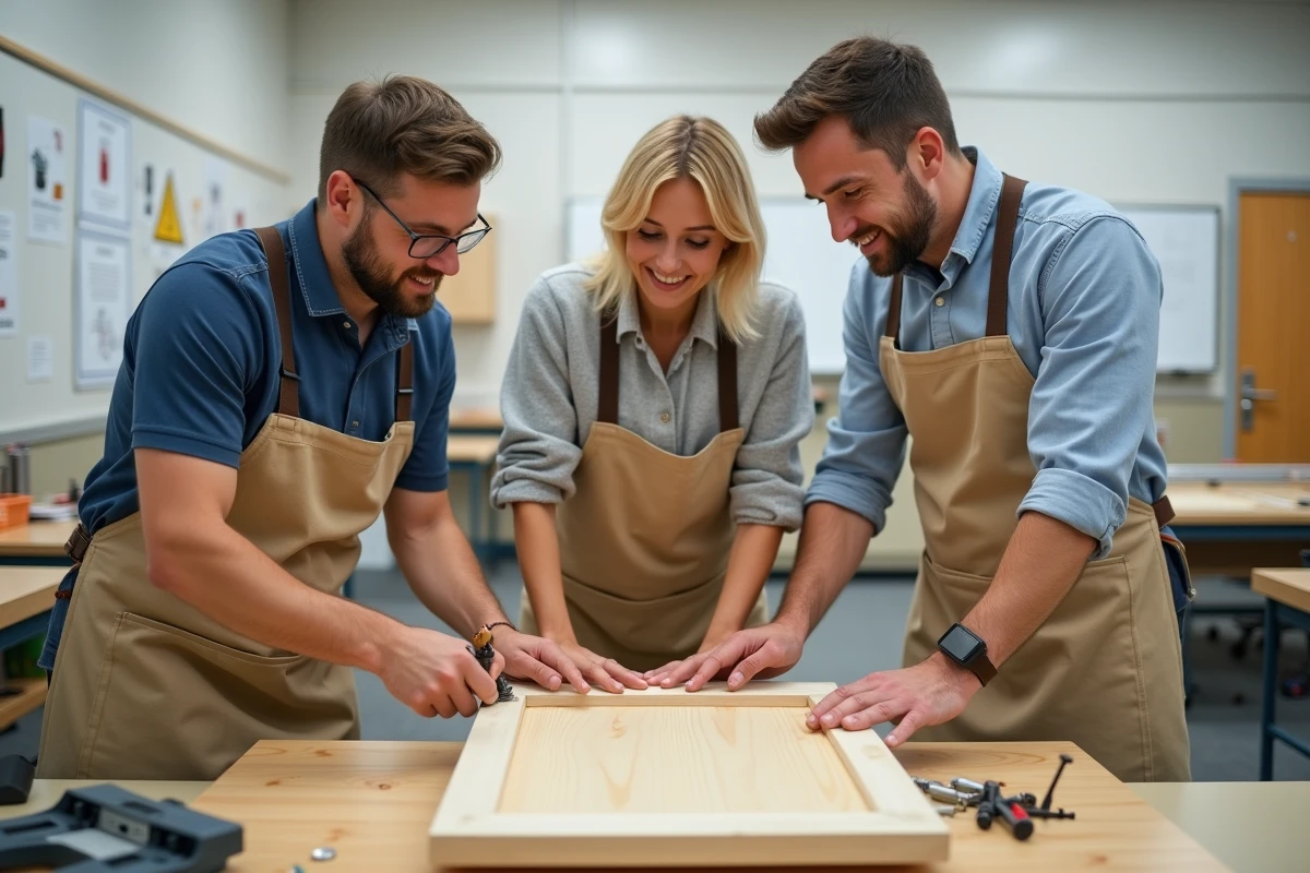 Groupe d'adultes débutants en formation bricolage CPF dans un centre de formation professionnel, pose de charnière sur porte en bois