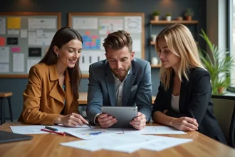 Groupe de jeunes adultes en design en intérieur moderne