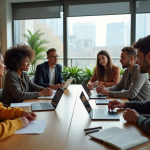 Groupe de jeunes adultes en discussion dans une salle moderne