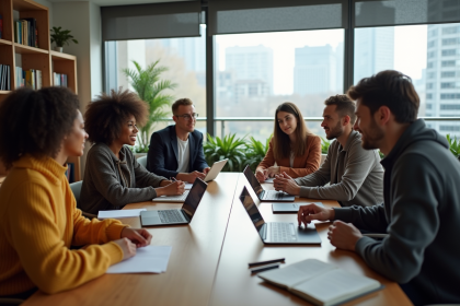 Groupe de jeunes adultes en discussion dans une salle moderne